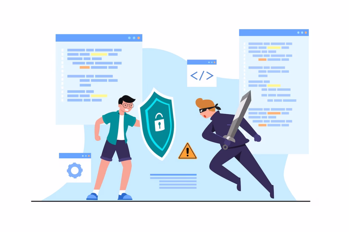 young-man-with-shield-against-criminal-conspiracy-thief-man-black-mask-with-sword-protection-idea-software-access-data-as-confidential-flat-illustration_1150-39292